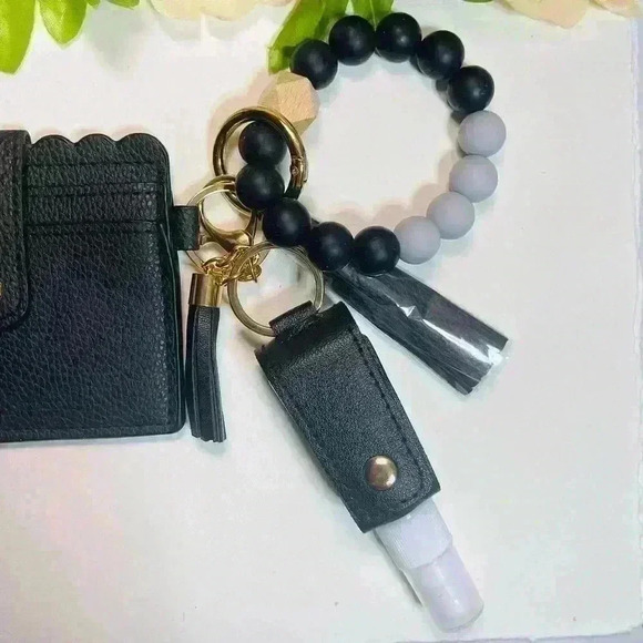 Wristlet Card Wallet Bracelet with travel size sanitizer case in Black - Picture 4 of 6